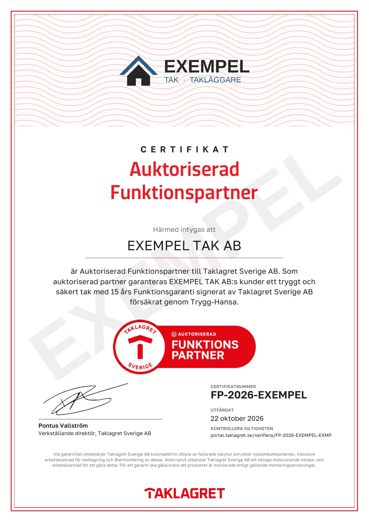 Exempel på Funktionspartner-certifikat, framsida