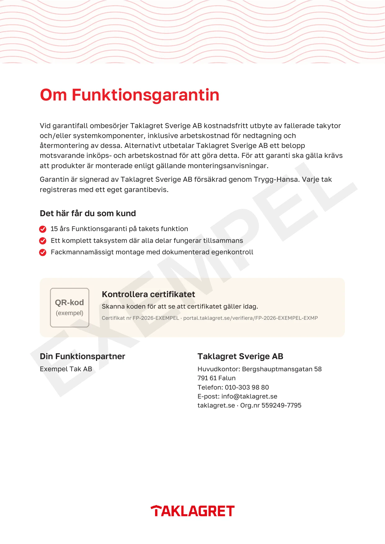 Exempel på Funktionspartner-certifikat, baksida med information om Funktionsgarantin