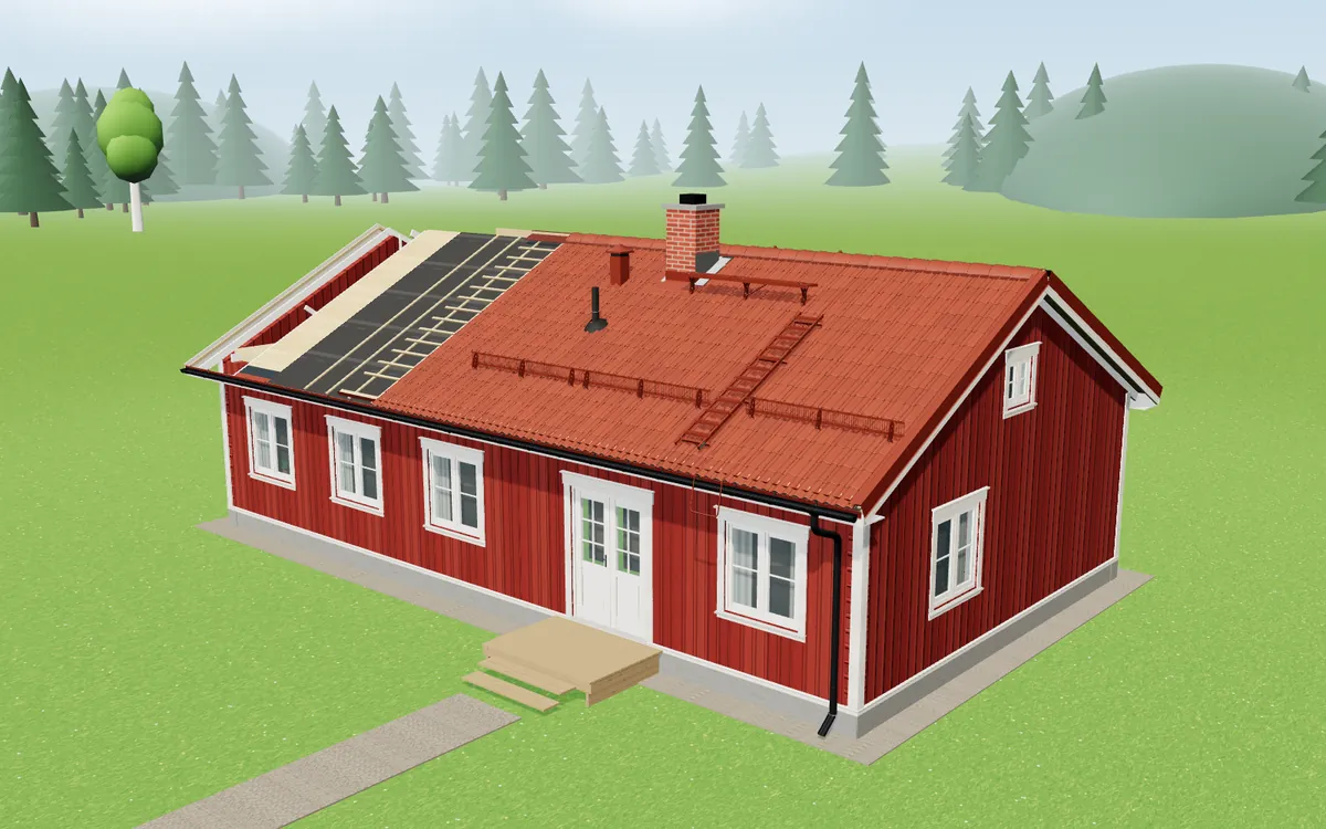 3D-modell av ett tegelrött betongpannetak på ett rött enplanshus